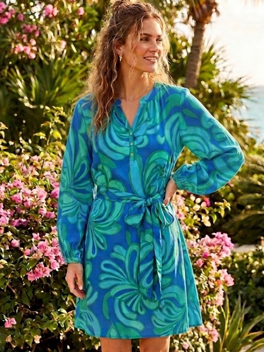 Lilly Pulitzer Blue & Green Long Sleeve Belted Mini Dress - Size 6 - NWOT - Picture 1 of 9